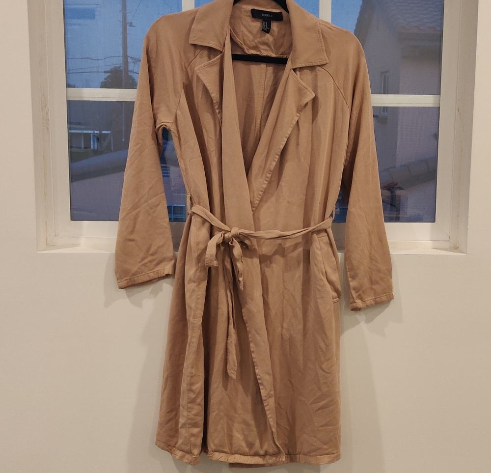 Forever 21 long coat beige brown sash tie med